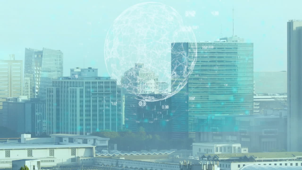Animated illustration showing city skyline, floating data, network lines creating connectivity