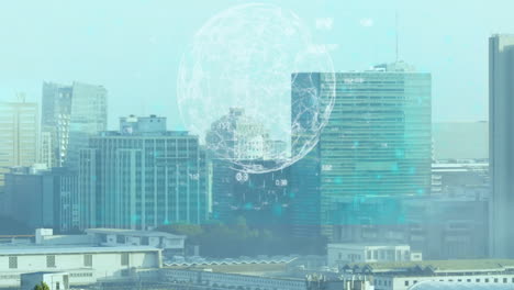 animated illustration showing city skyline, floating data, network lines creating connectivity