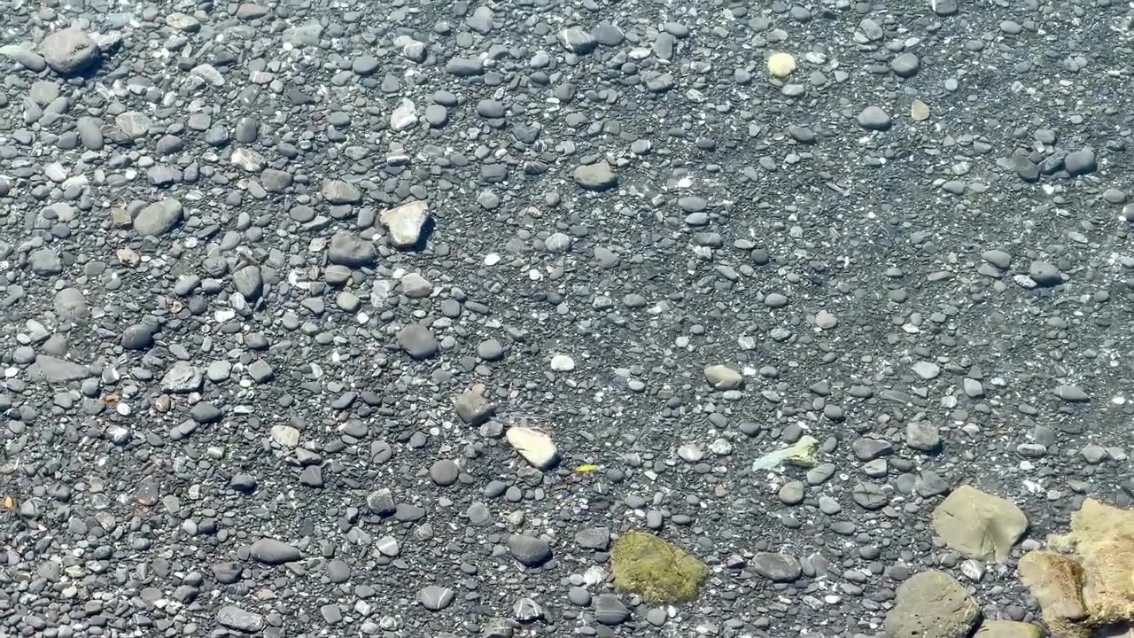 Inquadratura statica dall'alto di acqua di mare trasparente che increspa dolcemente su ciottoli e sassi grigi.