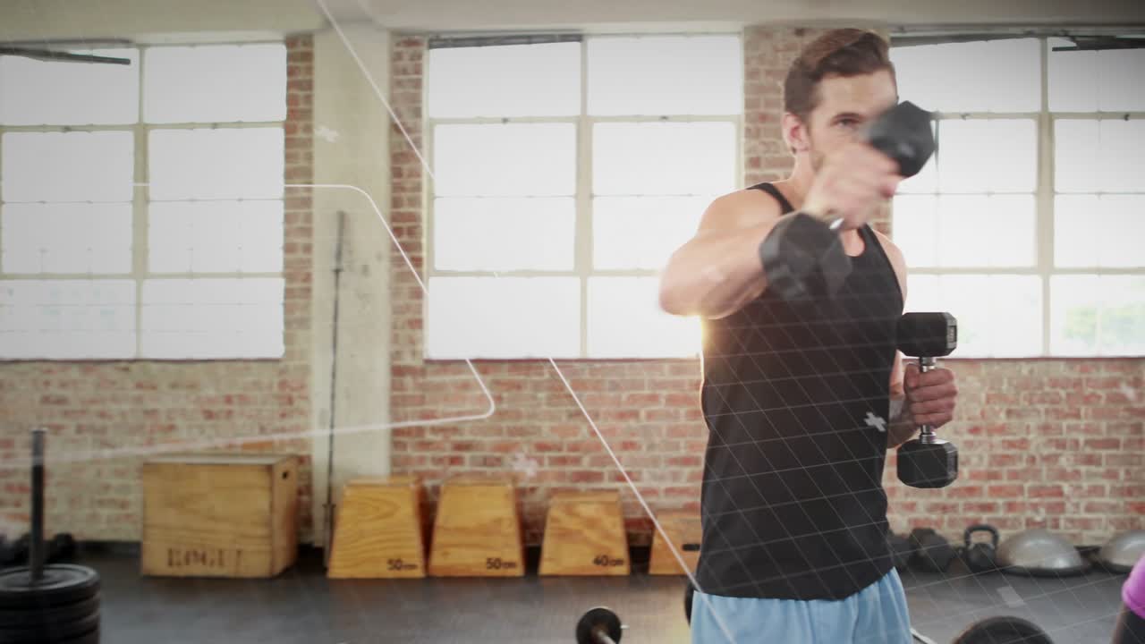 Workout partners starting fitness after blue HUD appearing over right, alternating dumbbell punches