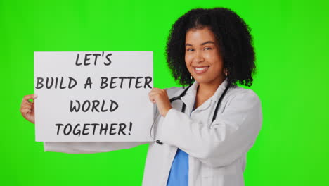 green screen, medical or woman doctor with message