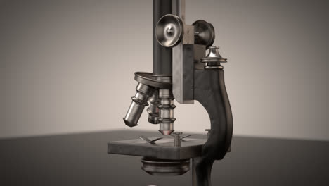 medical and biology concept. an old, vintage microscope in the laboratory. professional scientific equipment with macro lenses used to study, test and analyze microbes, bacteria and cells.