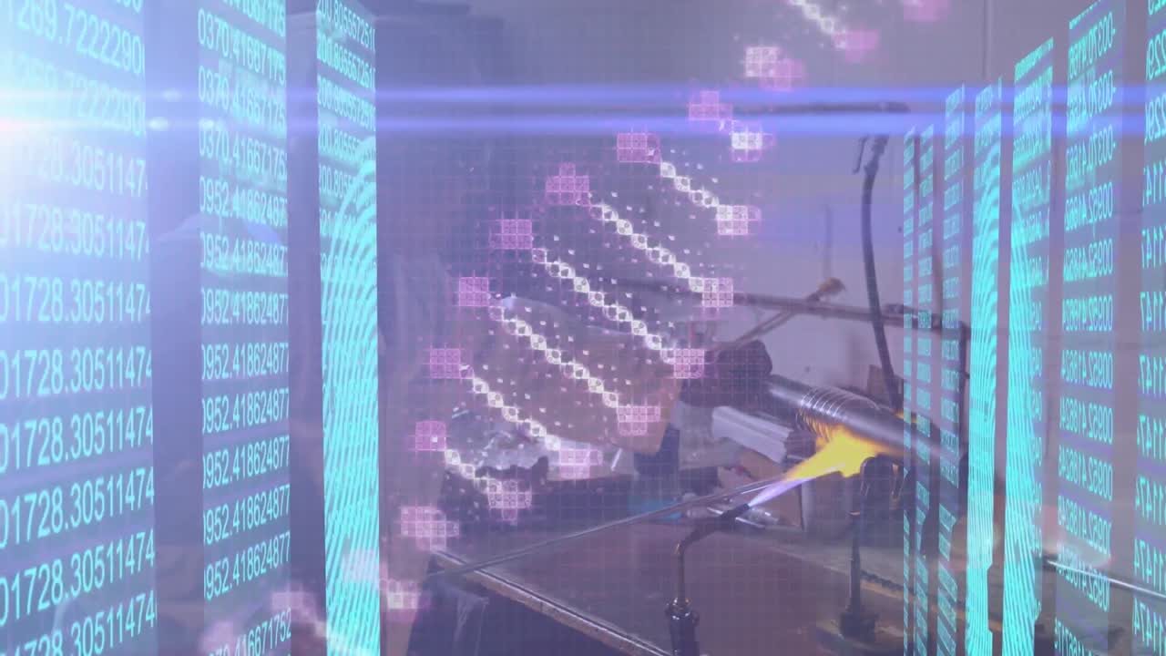 실험실에서 일하는 두 인종의 남성 과학자에 대한 dna 가닥의 애니메이션과 데이터 처리