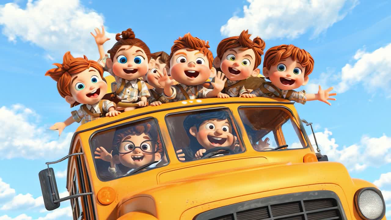 Una gioiosa avventura: un gruppo di bambini animati festeggiano insieme il divertimento di viaggiare mentre cavalcano allegramente sul tetto di uno scuolabus colorato sotto un cielo luminoso