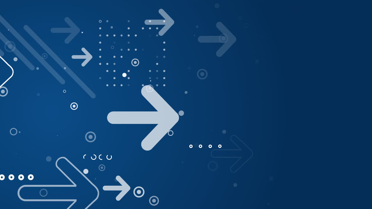 Blue background with geometric shapes and arrows moving forward. Abstract looped animation. Copy space.