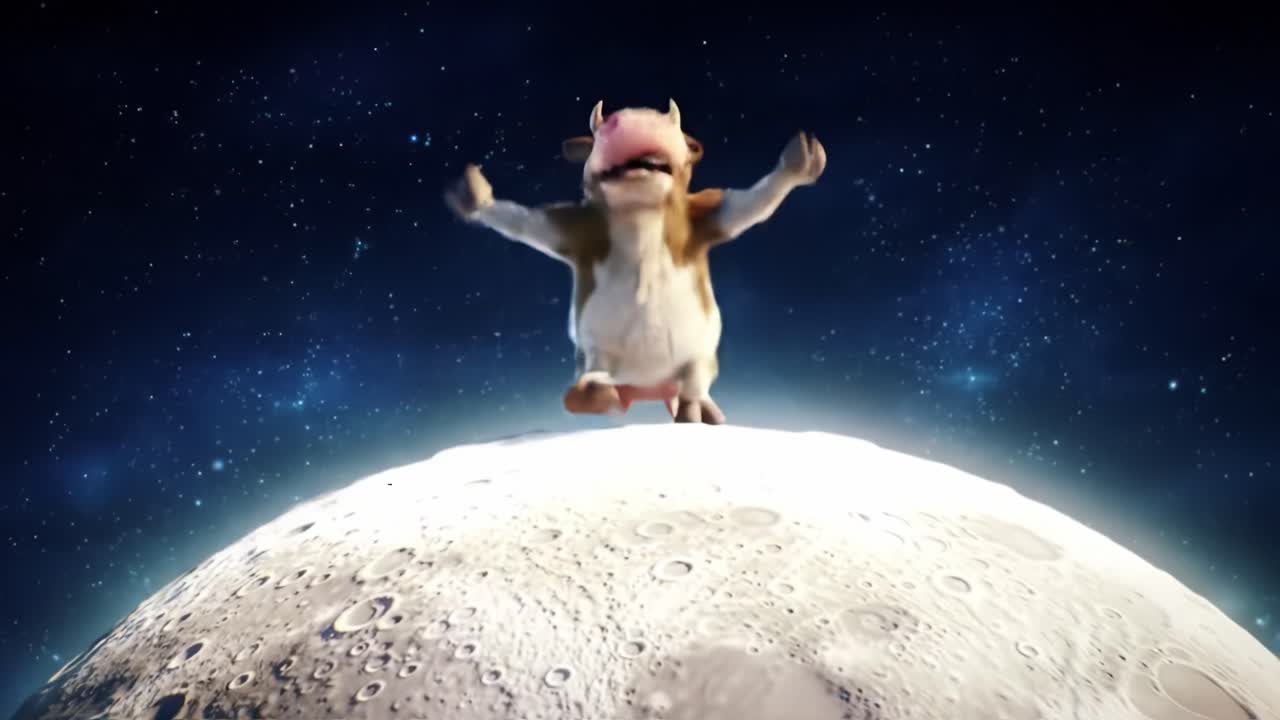A Joyful Cow Celebrates on the Moon, Bouncing with Excitement and Wonder, Capturing the Essence of Adventure in a Cosmic Landscape Full of Stars