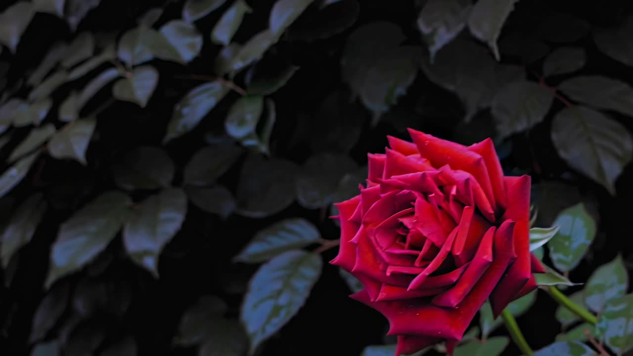 Video ravvicinato di una rosa rossa vibrante su foglie scure, ripreso da un angolo dall'alto