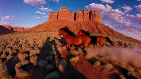 wild horses running through a majestic desert landscape with red rock formations
