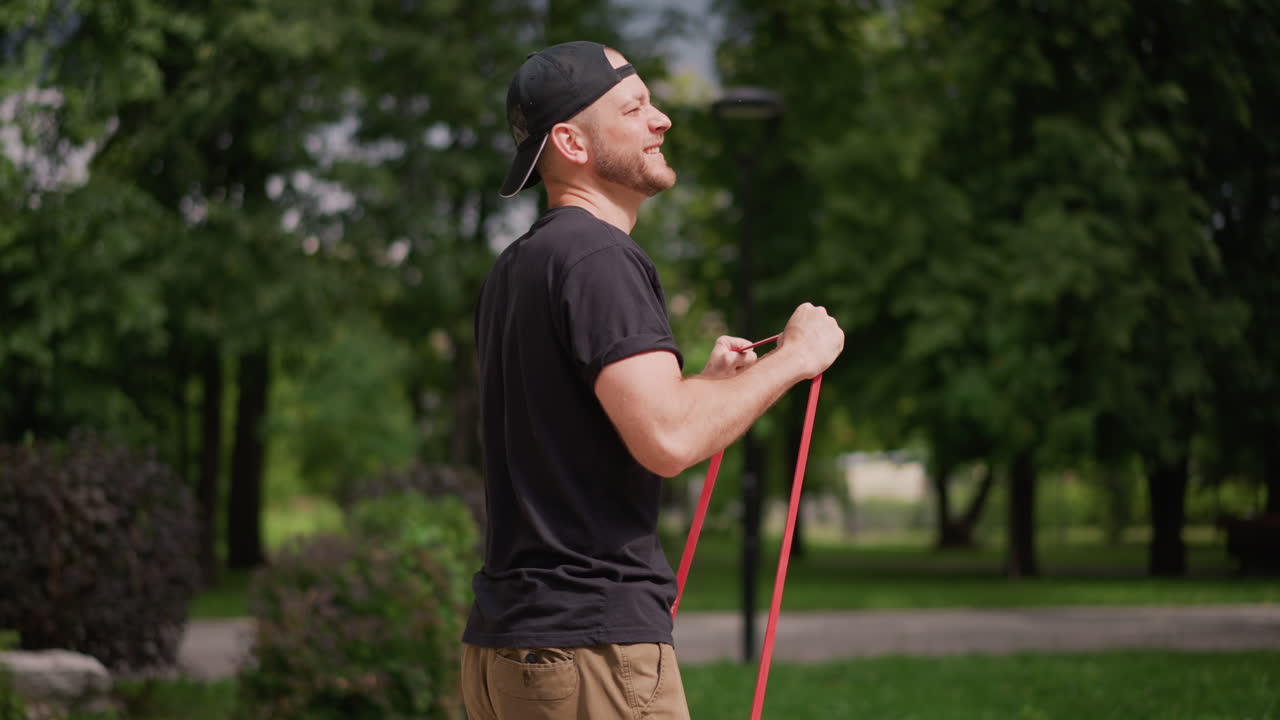 White Male Outdoor Warmup With Band In Park, Casual Trainer Preparing For Session, Walking Between Trees, Sunlight On Grass, Relaxed Posture And Slow Stretching Movements, Background Pathway And Leafy