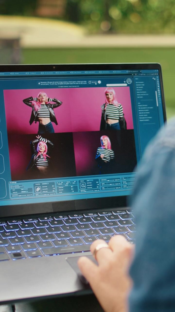 Video verticale. Donna in abiti casual che utilizza un software generatore di immagini AI da testo su un laptop.