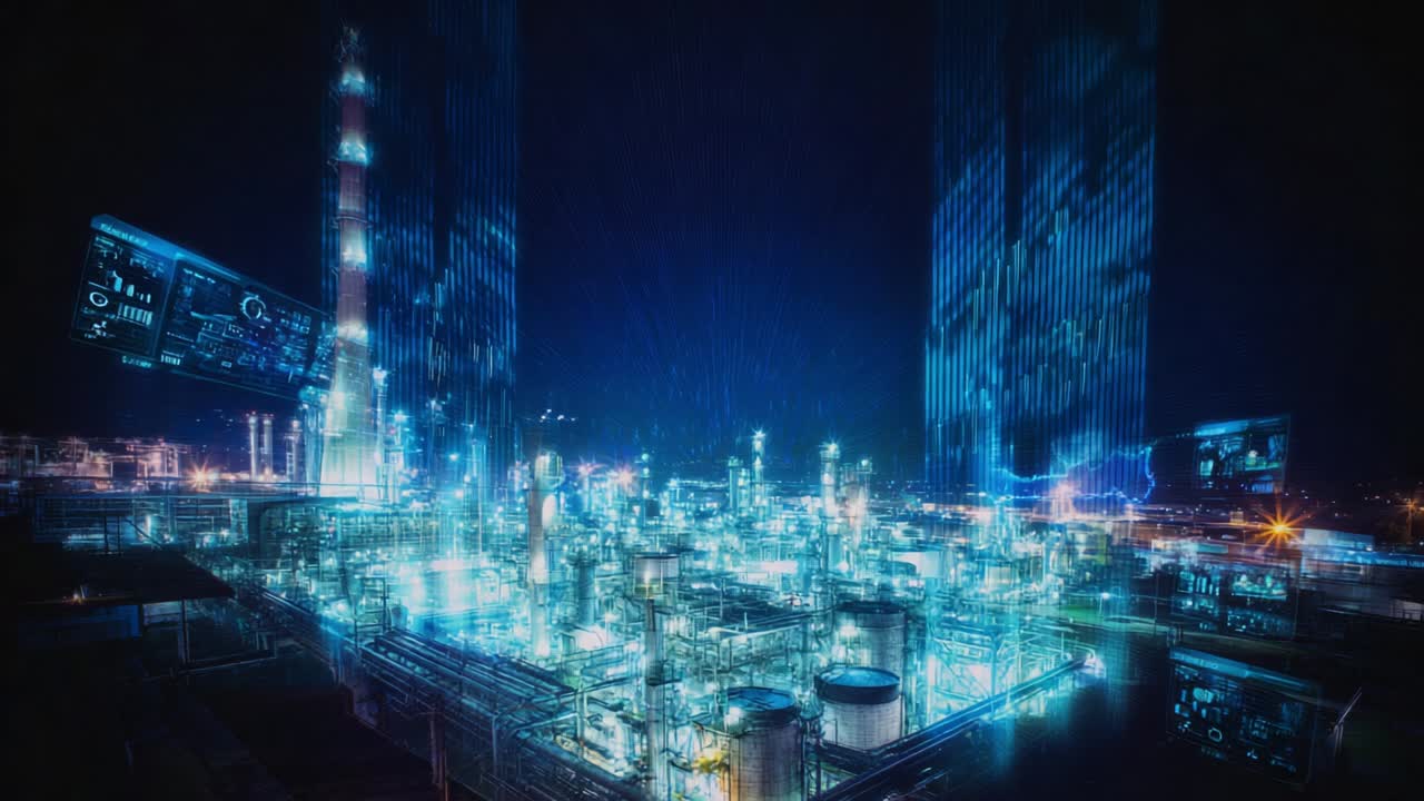 Illuminated Industrial Landscape: A Nighttime View of a High-Tech Oil Refinery with Vibrant Energy Pulsating Through Tall Structures and Advanced Digital Displays Projecting Data Above the Scene