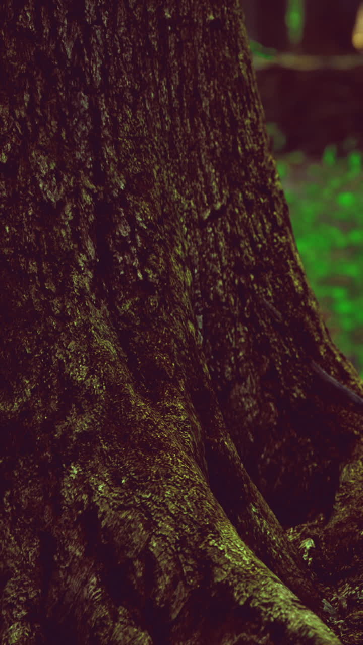 Majestic tree trunk captured in sunlight filtering through forest canopy