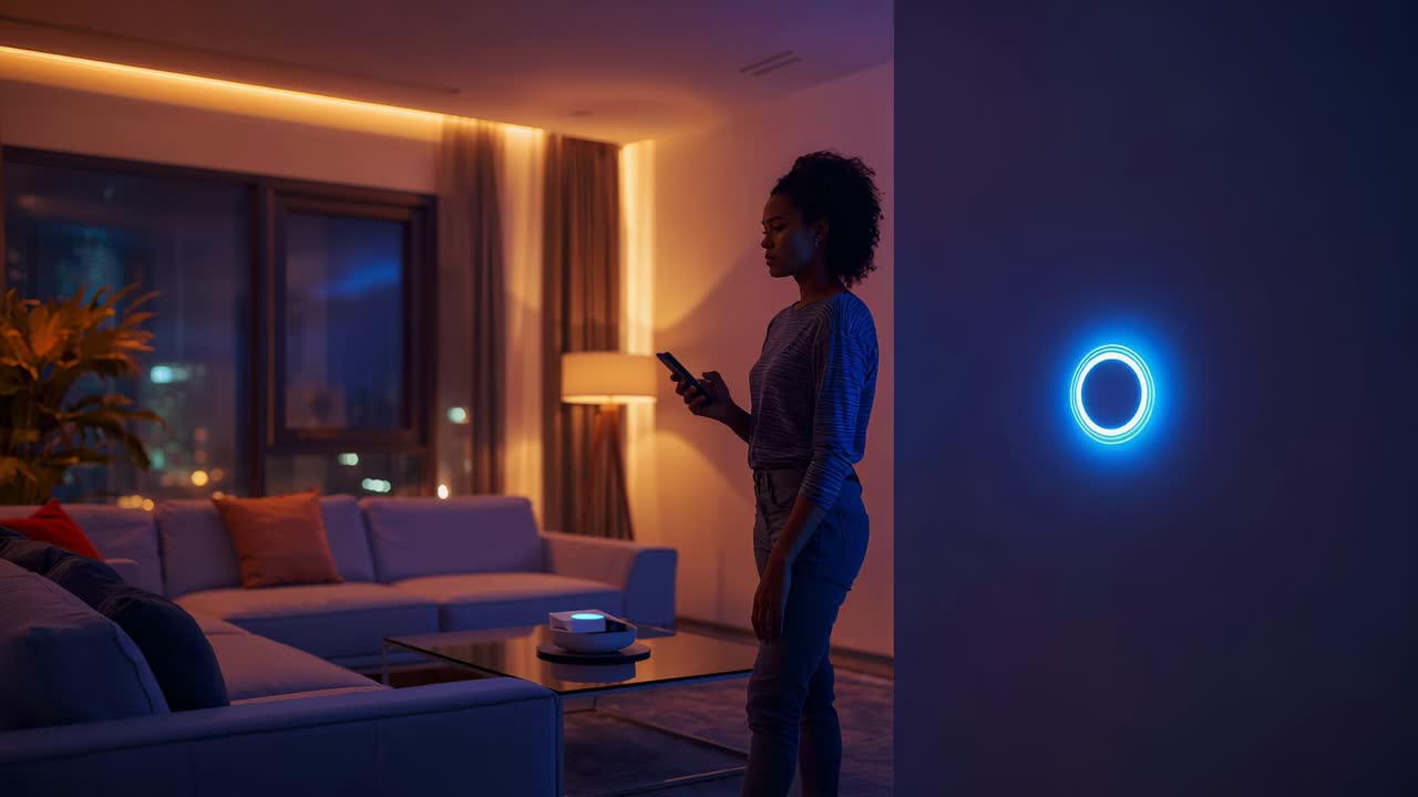 Entering woman in loungewear walking past coffee table, checking phone near sofa with blue LED ring