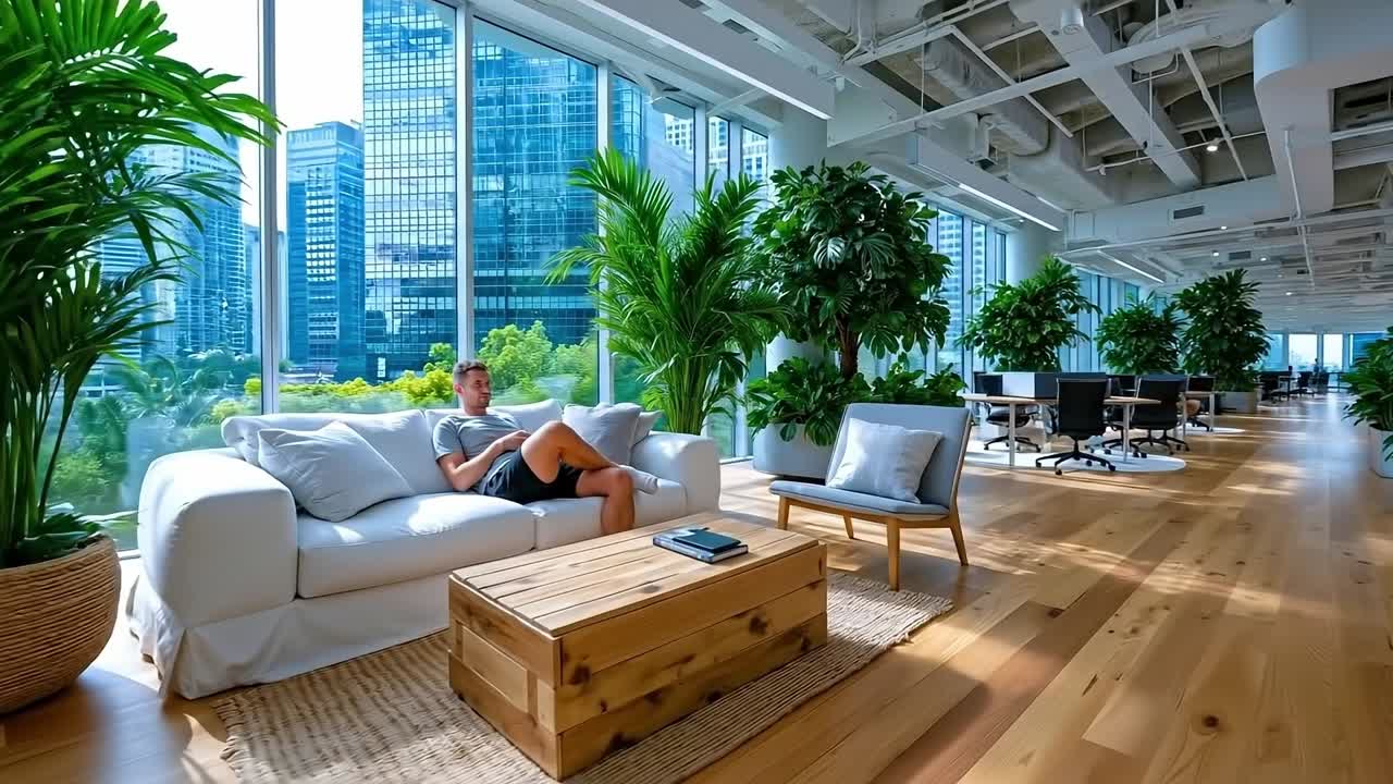 A man sitting on a couch in an office with plants in the background