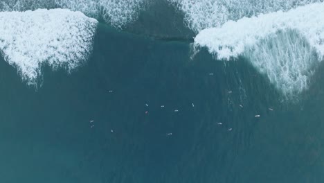 Aerial-Top-Down-Drone-View-Of-Surfers-At-La-Bocana-El-Tunco-El-Salvador