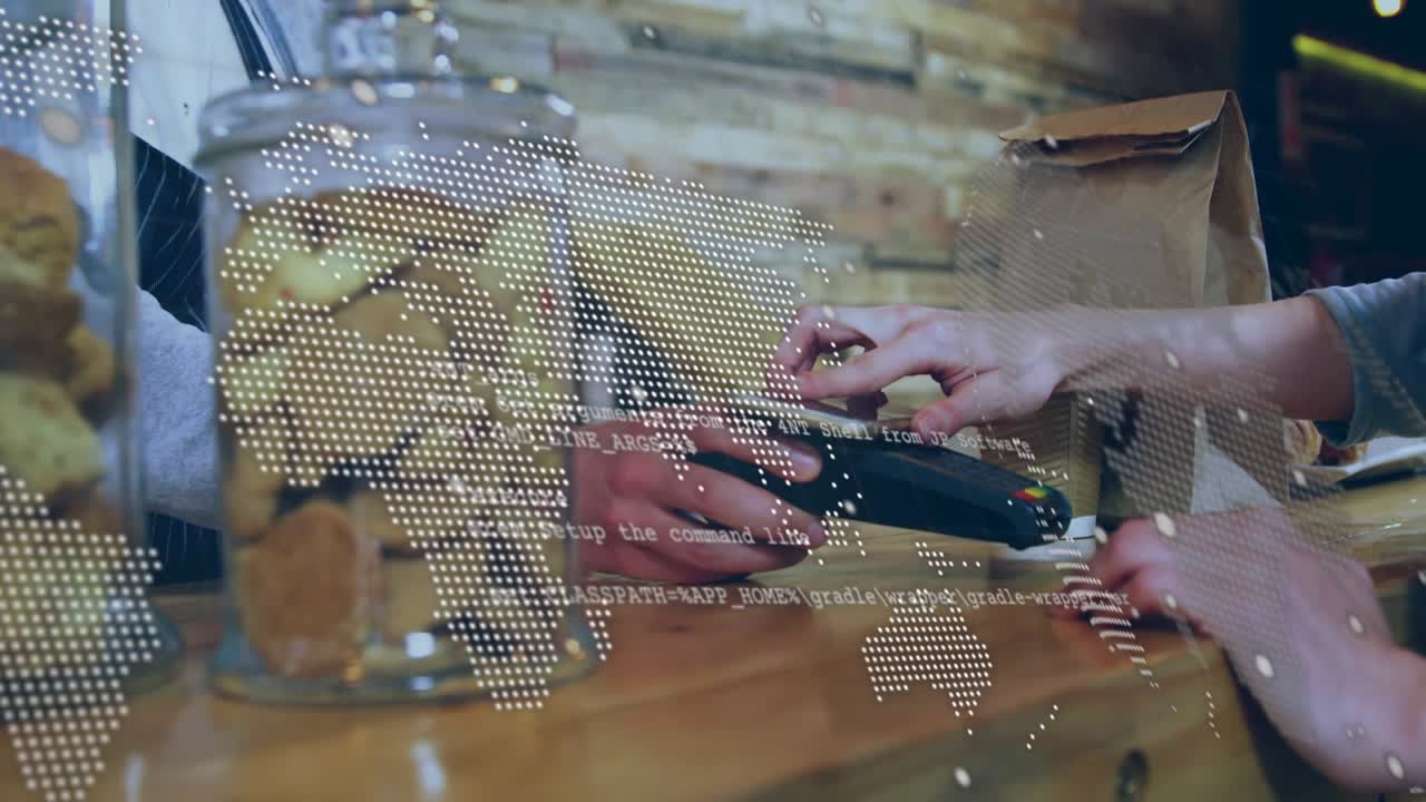 Animation of data processing over hands of caucasian people using payment terminal