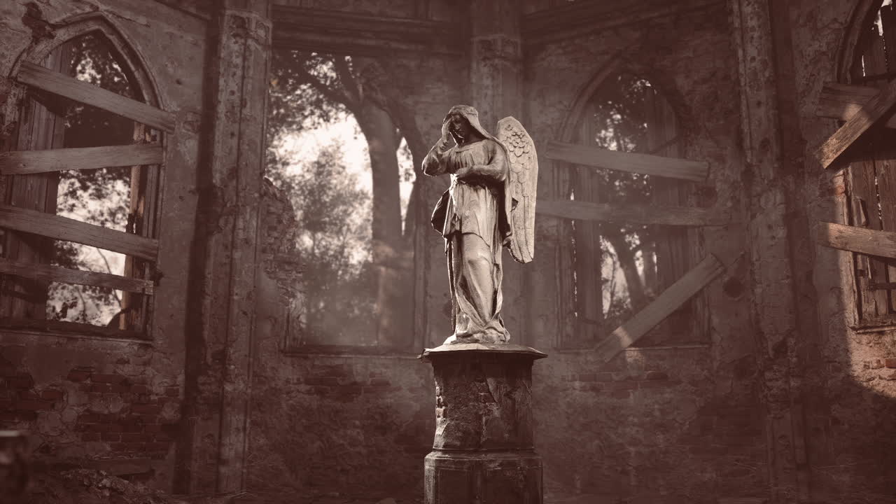 Angel statue stands solemnly in a dilapidated structure surrounded by nature