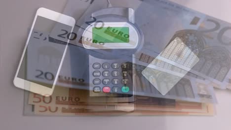 Animation-of-euro-banknotes-over-smartphone,-credit-card-and-payment-terminal