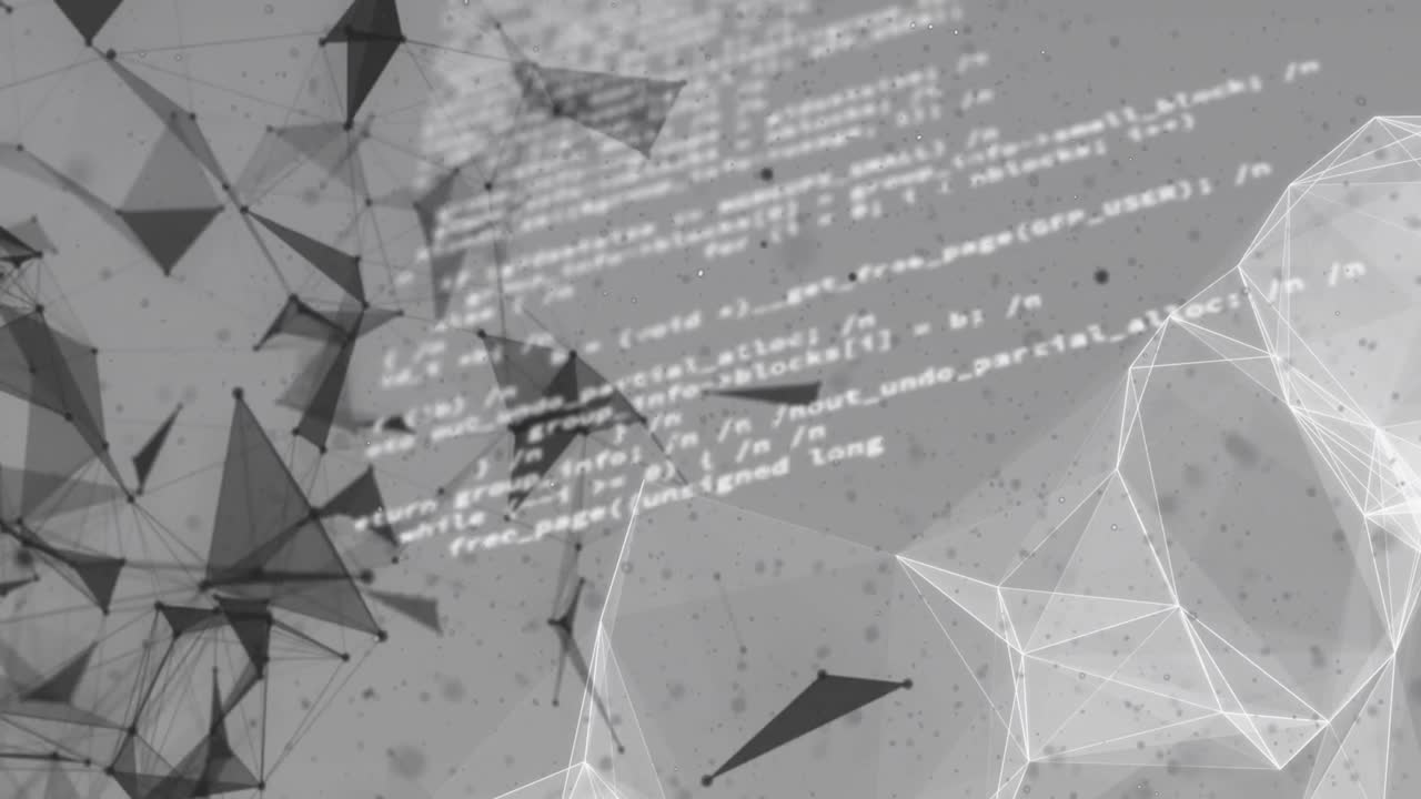 회색 배경에 대한 컴퓨터 언어를 통해 기하학적 모양을 형성하는 연결된 점의 애니메이션