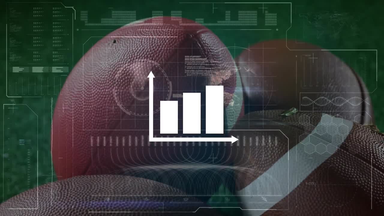 animación de gráficos y procesamiento de datos en pantalla digital sobre una pelota de rugby