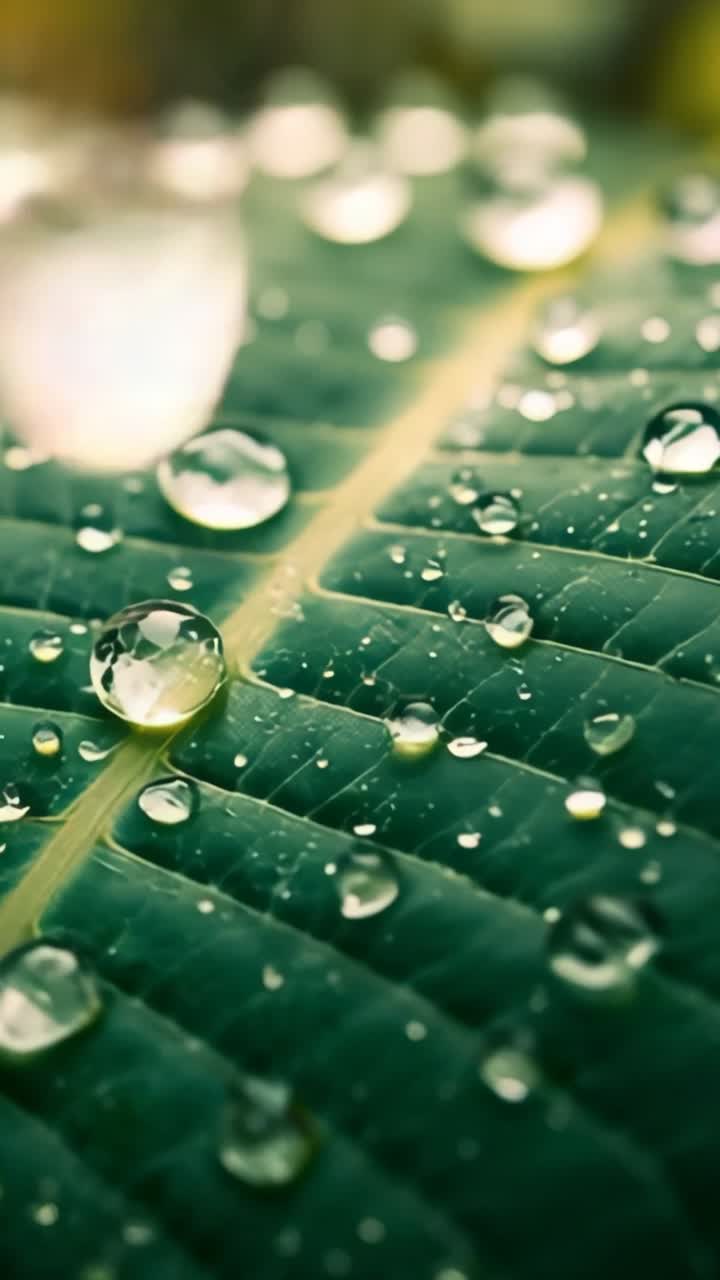 Vertical video: Shifting camera focus, capturing water droplets on leaf vein in foliage after rain