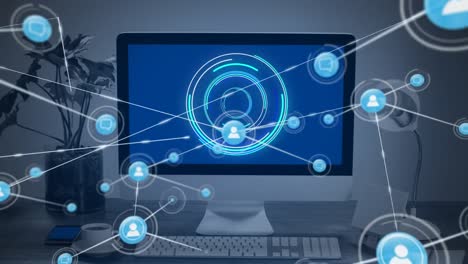 animación de la red de conexiones con iconos y escaneo de alcance a través de la computadora