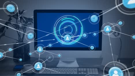 animation of network of connections with icons and scope scanning over computer