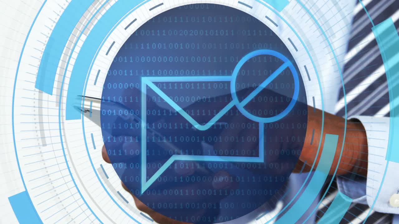 Animation of email icon and circles over hands of african american man using smartphone
