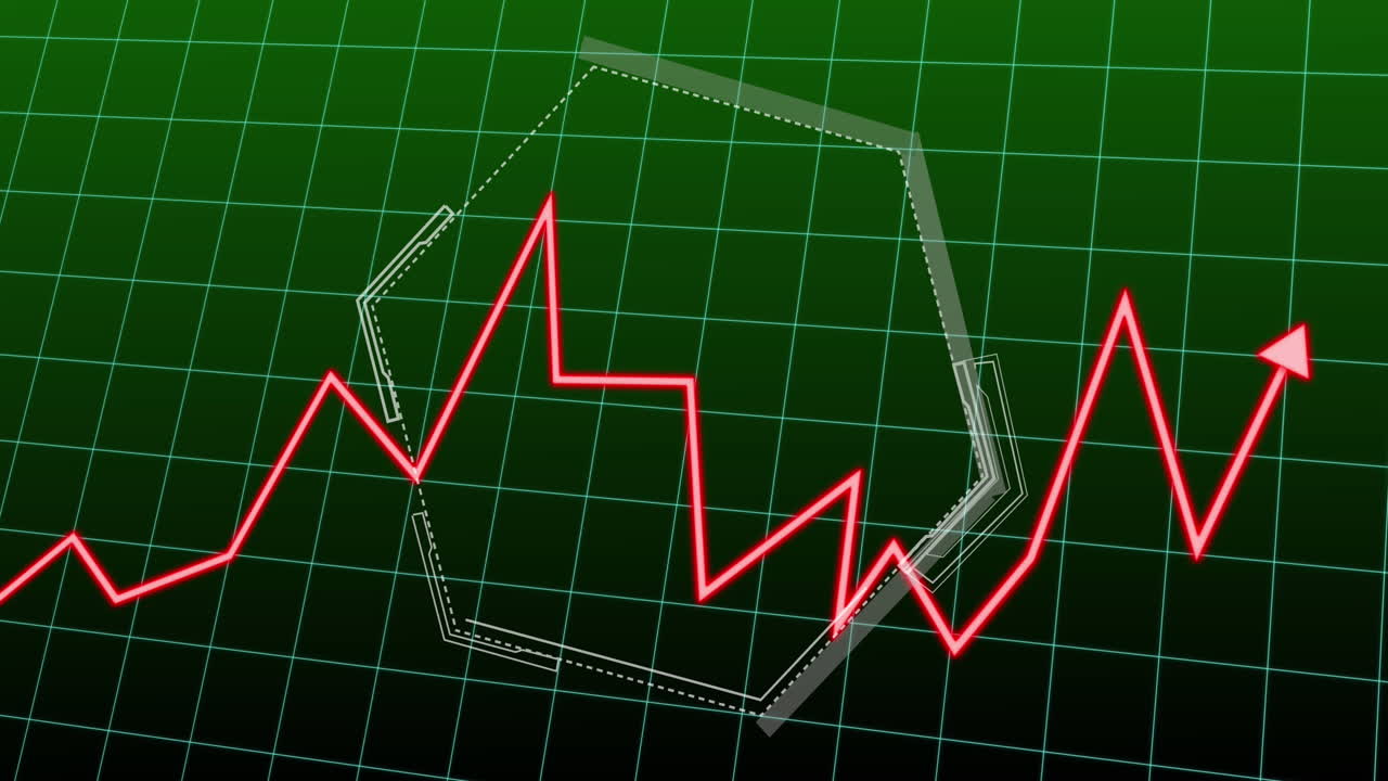 Animation of statistical data processing over grid network and hexagon against green background
