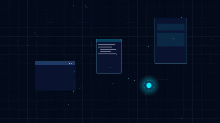 Abstract Digital Interface with Floating Data Windows and Glowing Cursor