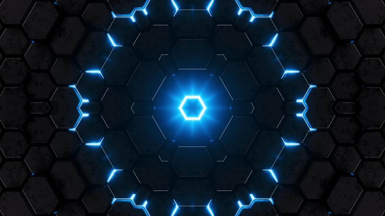Honeycomb Kaleidoscope Pattern in Blue and Black. Looped Animation
