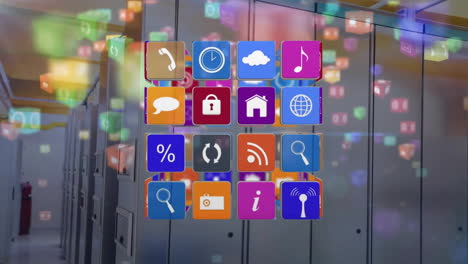 animation of media icons over server room