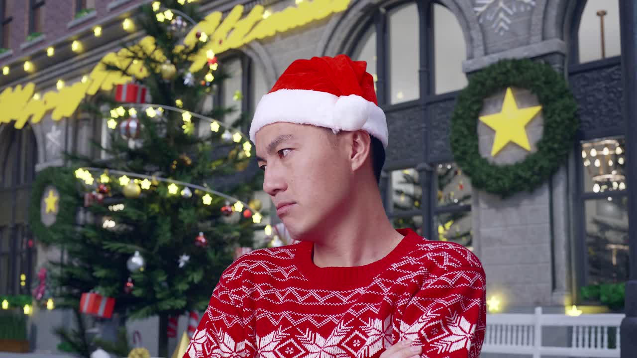 크리스마스 모자를 입은 불만족한 남자