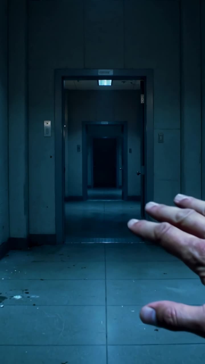 Corridoio buio e inquietante con una mano che si protende in un edificio abbandonato
