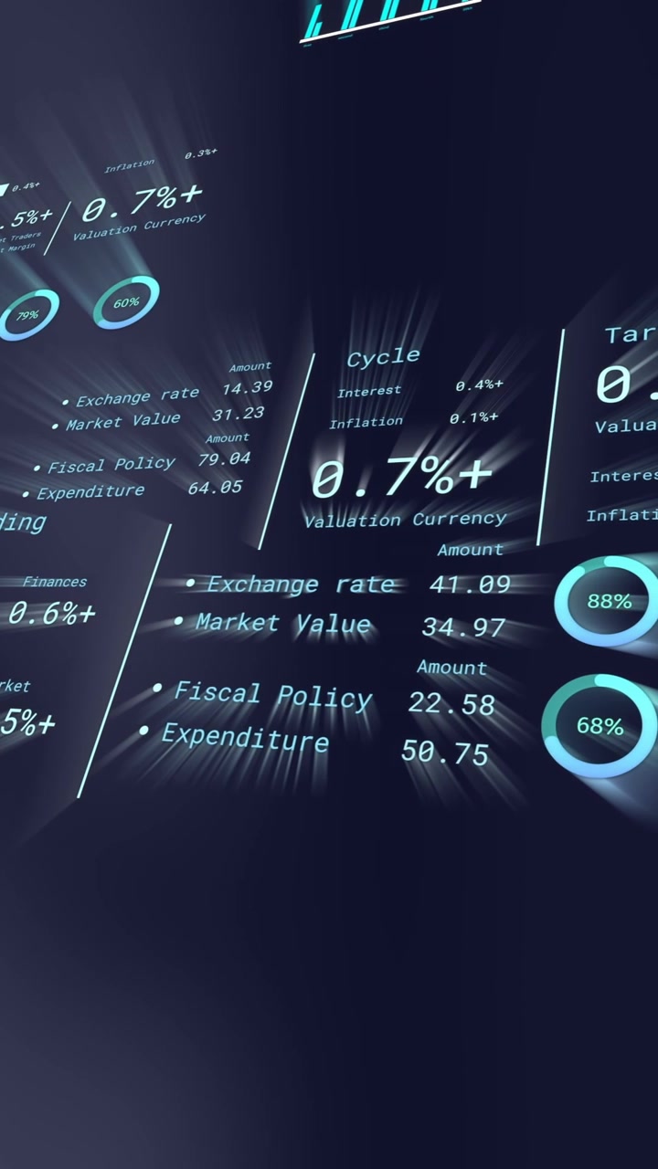 Animation of financial data processing over dark background