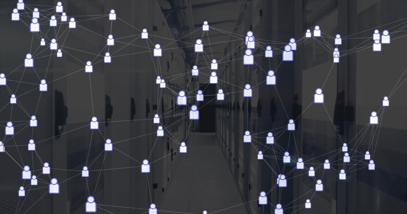 Aisle initiating user icons floating from edges and linking server racks, showing network growth