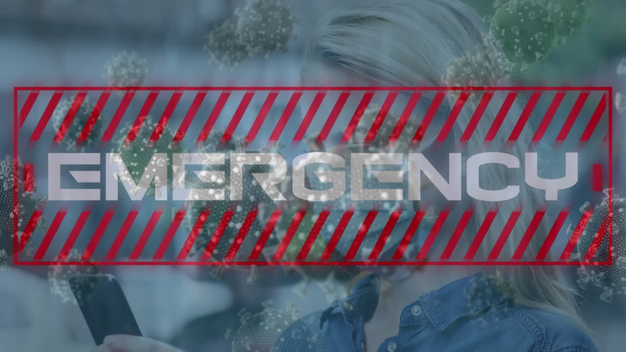 animación de texto de emergencia y células de virus sobre una mujer con máscara facial