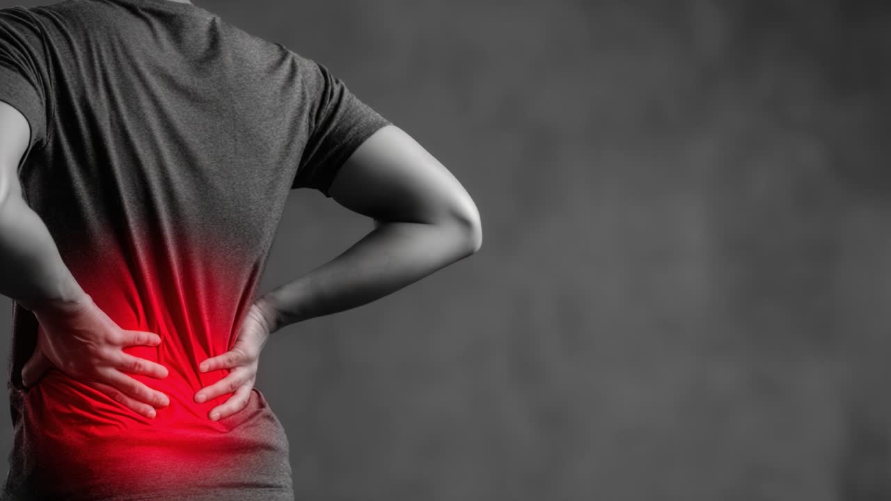 A person experiencing back pain, showcasing a focus on the lower back region with a highlighted red glow indicating discomfort, in a monochrome setting