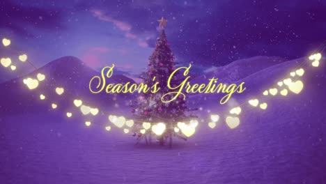 animation of seasons greetings text, strings of glowing christmas fairy lights and christmas tree