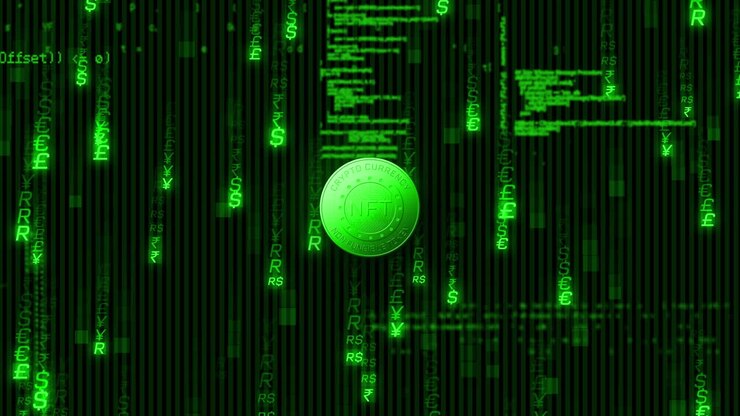 Animation of nft text on golden coins and data processing over dark background