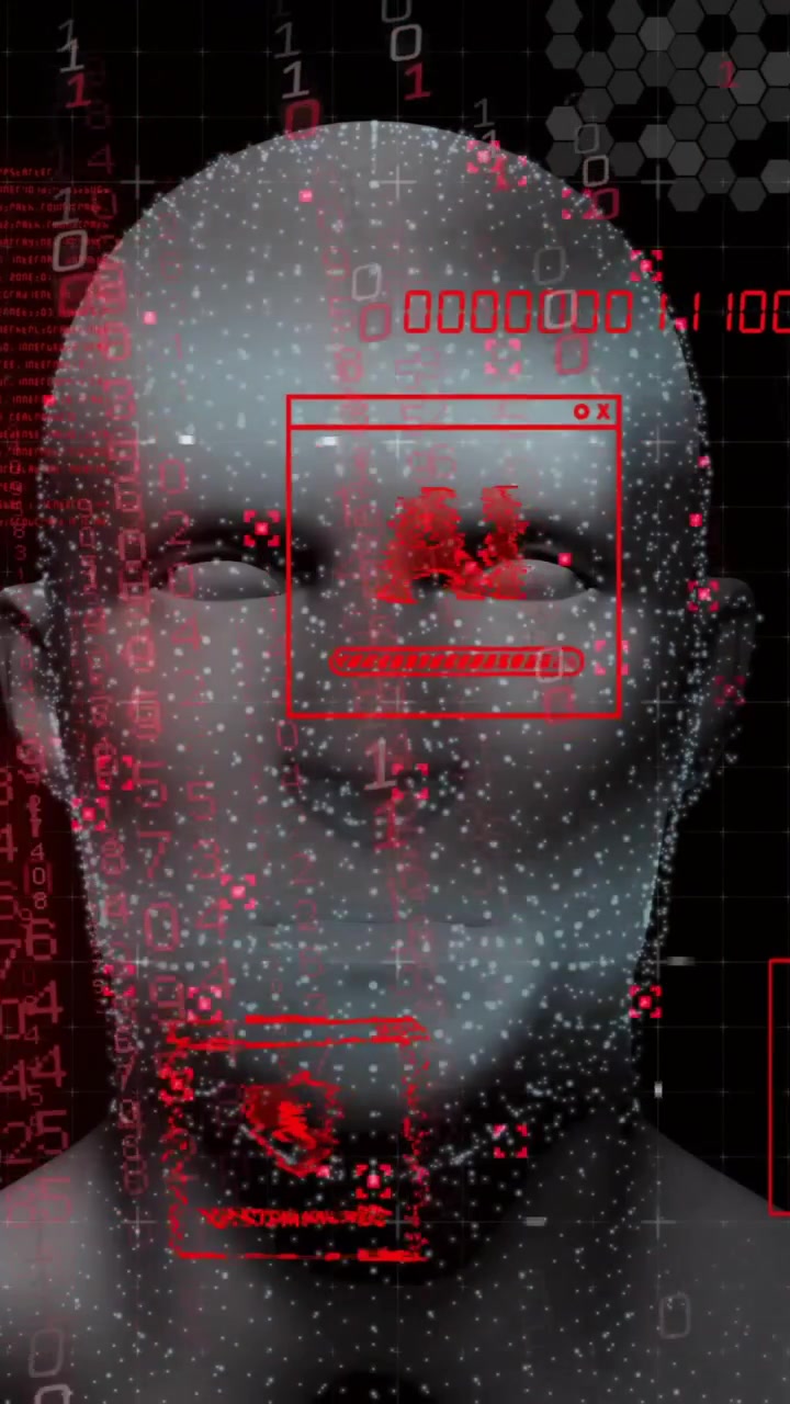 AI- og cybersikkerhedsikoner over digitalt menneskeansigt med binær kodebaggrund