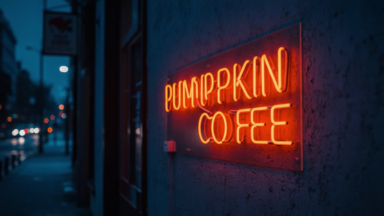 A Cozy Evening Vibe with a Glowing Pumpkin Coffee Sign Illuminating the Urban Street, Creating a Warm Atmosphere Against a Night Sky Backdrop