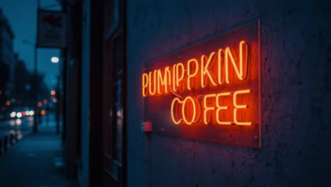 a cozy evening vibe with a glowing pumpkin coffee sign illuminating the urban street, creating a warm atmosphere against a night sky backdrop