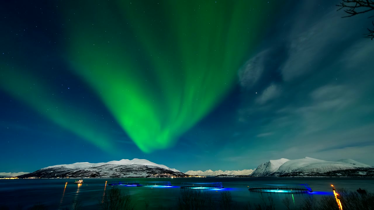 Time-lapse dell'aurora boreale mistica sopra recinti marini illuminati di un allevamento di salmoni