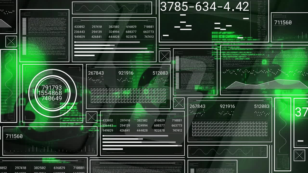 animación de gráficos de pantalla de interfaz y procesamiento de datos sobre luces verdes en negro