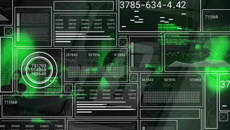 Animation-of-interface-screen-charts-and-processing-data-over-green-lights-on-black