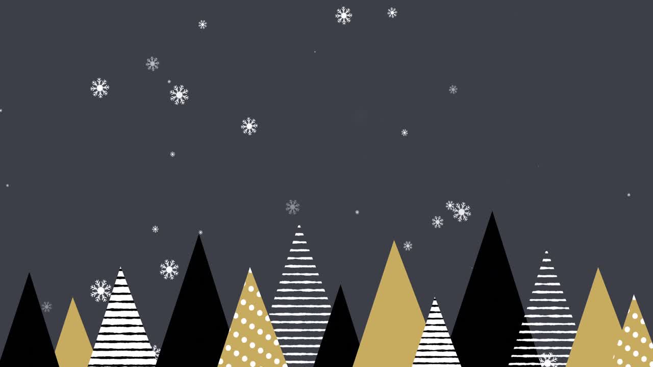 copos de nieve cayendo en los árboles de navidad contra un fondo gris