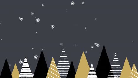 Snowflakes-falling-on-Christmas-trees-against-grey-background