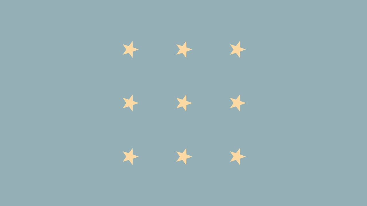 estrellas amarillas sobre fondo azul claro alineadas en forma cuadrada, ilustración animación 2d