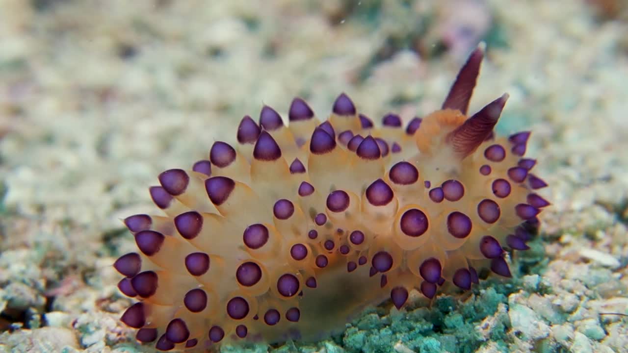 Lumaca di mare Janolus nudibranchia striscia velocemente sul fondale sabbioso